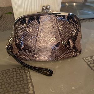 Coach leather wristlet in gray snake
